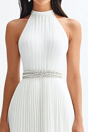Ivory Satin A Line Halter Pleated Long Engagement Dress